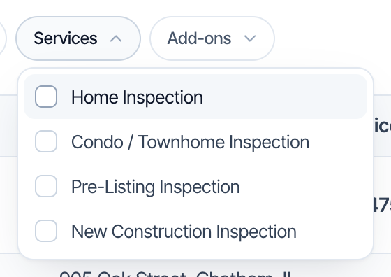 The Services filter opened, with checkboxes for Home Inspection, Condo / Townhome Inspection, Pre-Listing Inspection and New Construction Inspection
