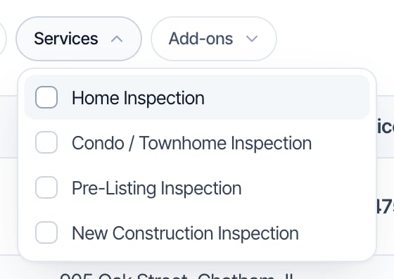 The Services filter opened, with checkboxes for Home Inspection, Condo / Townhome Inspection, Pre-Listing Inspection and New Construction Inspection