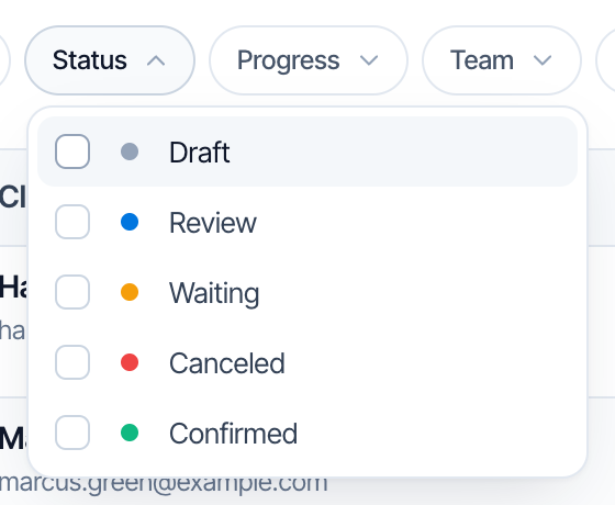 The Status filter opened, with checkboxes for Draft (grey dot), Review (blue dot), Waiting (orange dot), Canceled (red dot) and Confirmed (green dot)