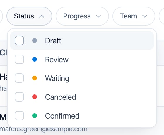 The Status filter opened, with checkboxes for Draft (grey dot), Review (blue dot), Waiting (orange dot), Canceled (red dot) and Confirmed (green dot)
