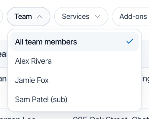 The Team filter opened, with All team members (ticked), Alex Rivera, Jamie Fox and Sam Patel (sub)