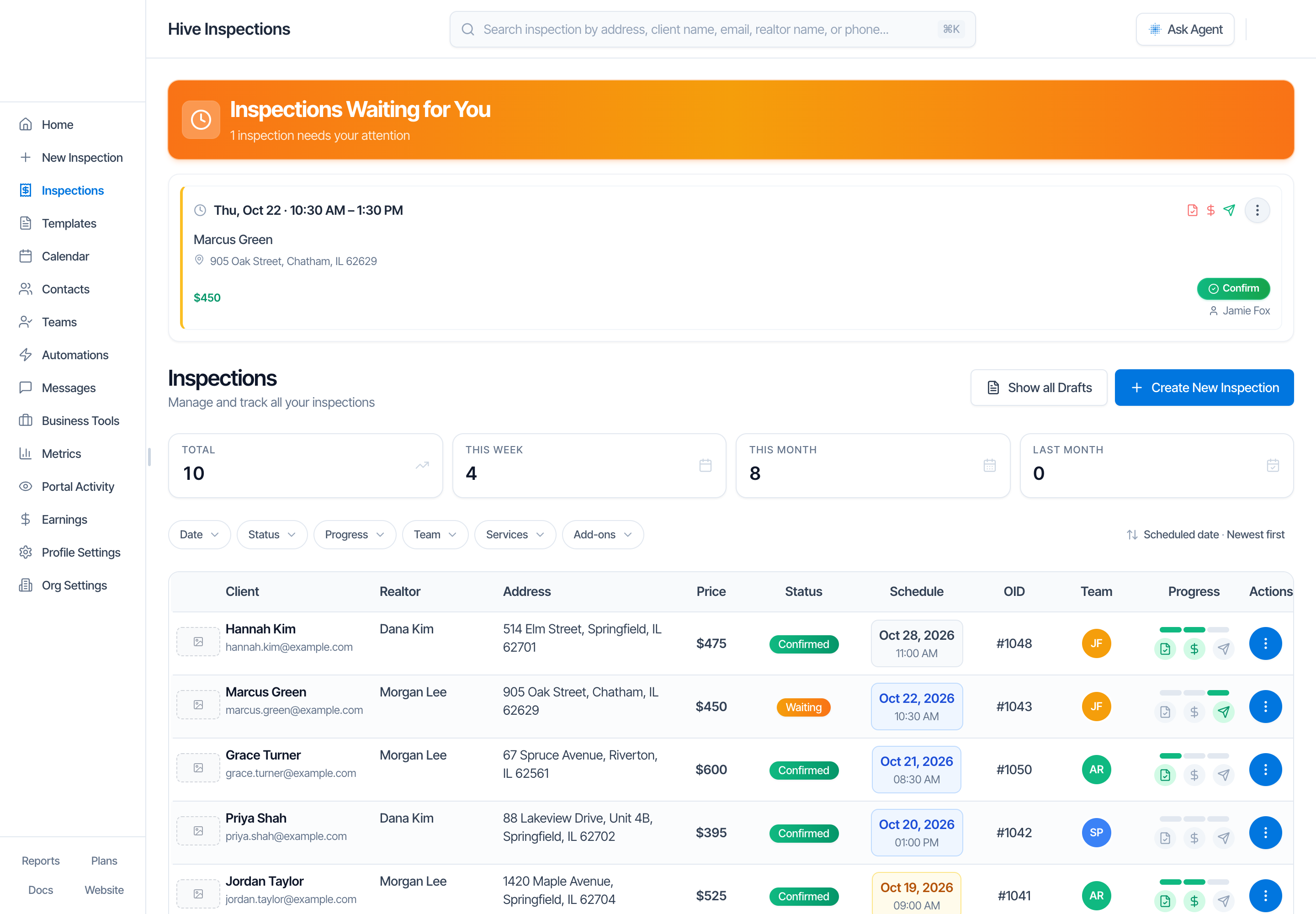 The Inspections page in the Hive dashboard. At the top, the search bar: Search inspection by address, client name, email, realtor name, or phone. Below it, an orange Inspections Waiting for You box with one waiting inspection and a Confirm button. Then the Inspections heading with Show all Drafts and Create New Inspection buttons, four tiles (Total 10, This Week 4, This Month 8, Last Month 0), the filter row (Date, Status, Progress, Team, Services, Add-ons, and on the right Scheduled date · Newest first), and the table with the columns Client, Realtor, Address, Price, Status, Schedule, OID, Team, Progress and Actions