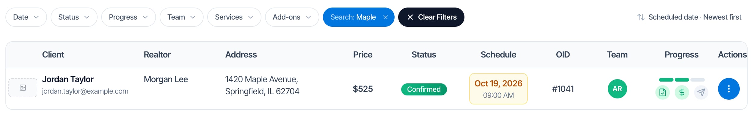 The filter row now shows a blue Search: Maple chip and a Clear Filters button, and the table shows one inspection: Jordan Taylor, 1420 Maple Avenue, Springfield, IL 62704, Confirmed, Oct 19, 2026, 09:00 AM