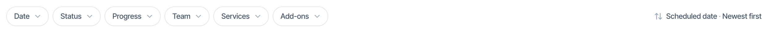 The filter row: Date, Status, Progress, Team, Services and Add-ons chips, each with a small arrow, and on the right a sort button reading Scheduled date · Newest first