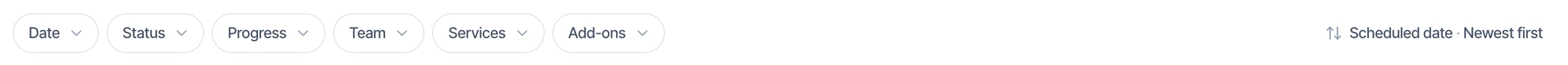 The filter row: Date, Status, Progress, Team, Services and Add-ons chips, each with a small arrow, and on the right a sort button reading Scheduled date · Newest first