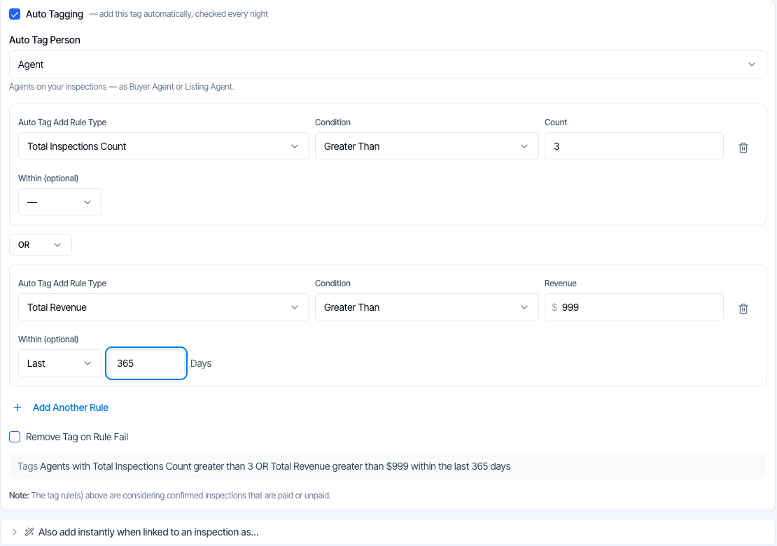 The Auto Tagging section of a contact tag, showing Auto Tag Person set to Agent and two rules joined by OR