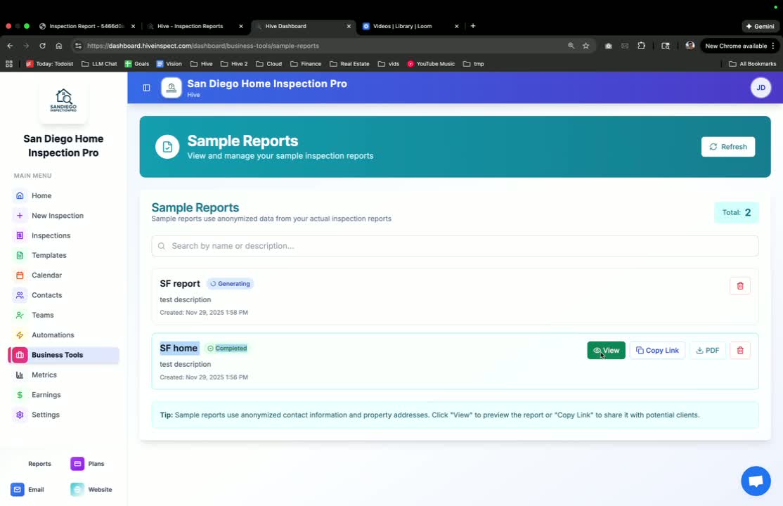 Viewing and Sharing the Sample Report in Hive Inspect