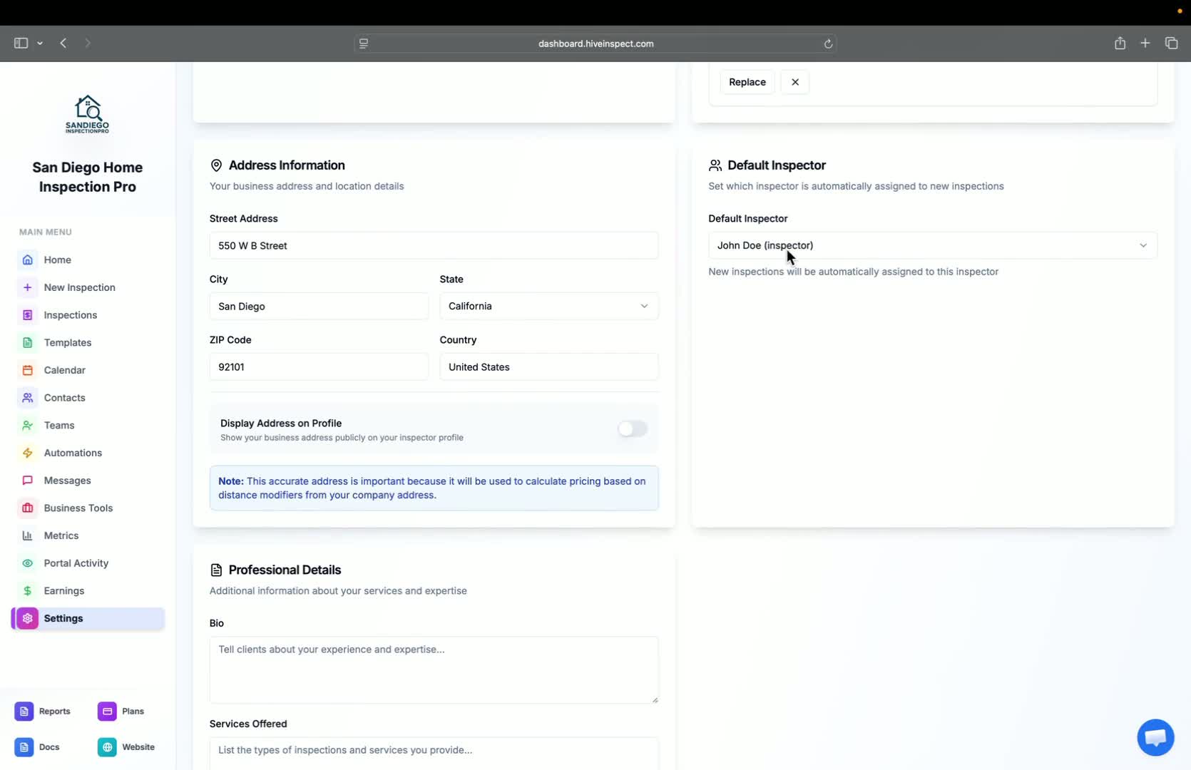 Setting default inspector