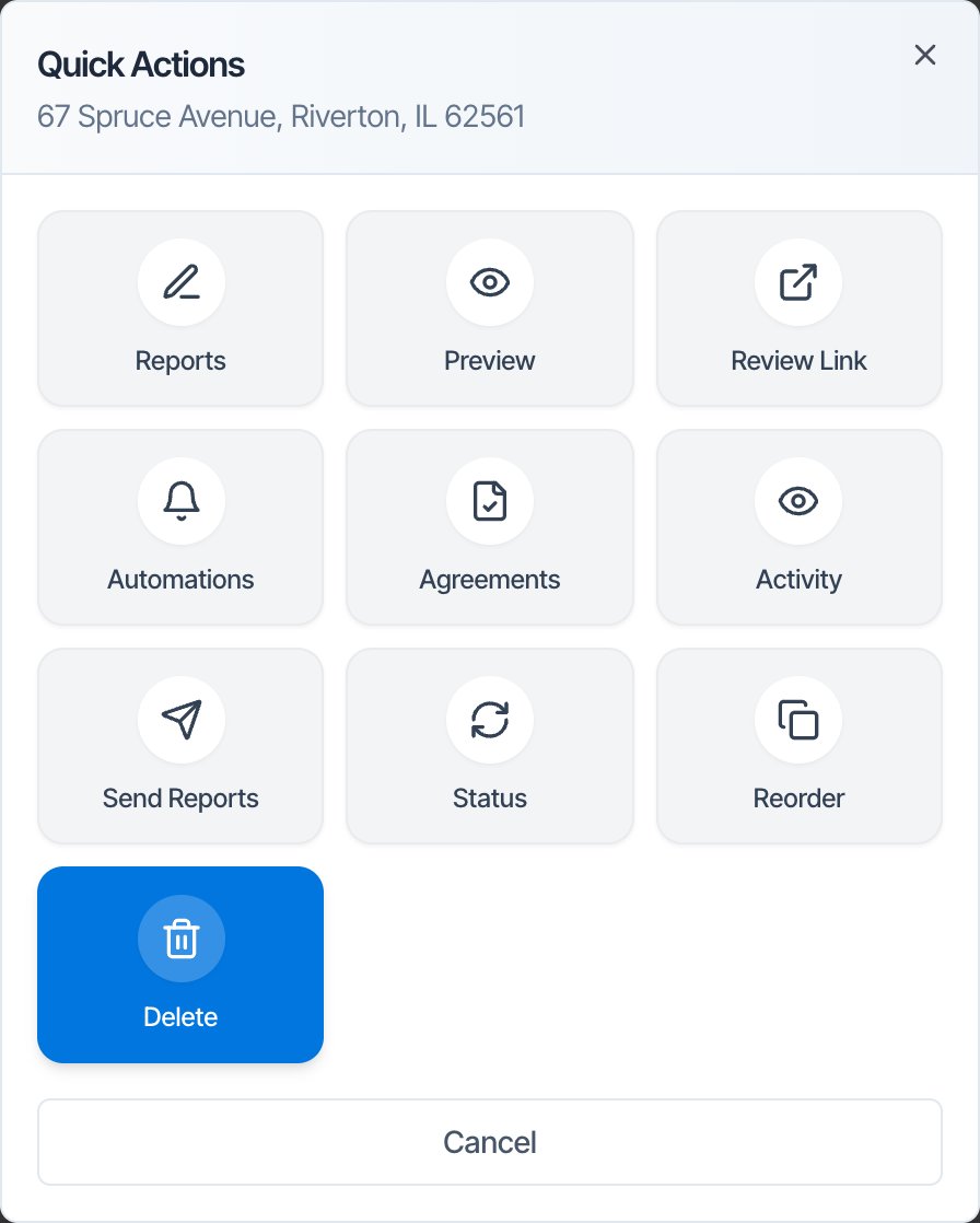 The Quick Actions window for 67 Spruce Avenue, Riverton, IL 62561, with tiles for Reports, Preview, Review Link, Automations, Agreements, Activity, Send Reports, Status, Reorder and Delete (highlighted), and a Cancel button