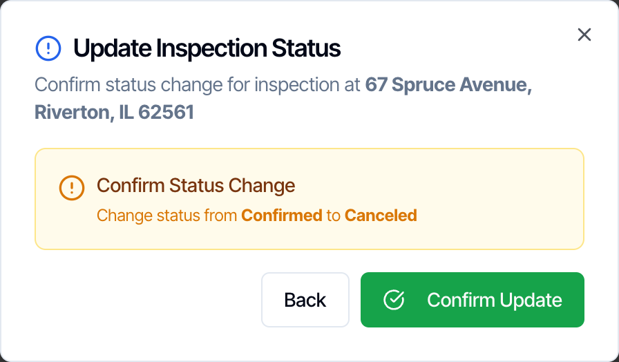 The confirm step: Confirm status change for inspection at 67 Spruce Avenue, Riverton, IL 62561. A yellow box: Confirm Status Change, Change status from Confirmed to Canceled. Back and Confirm Update buttons