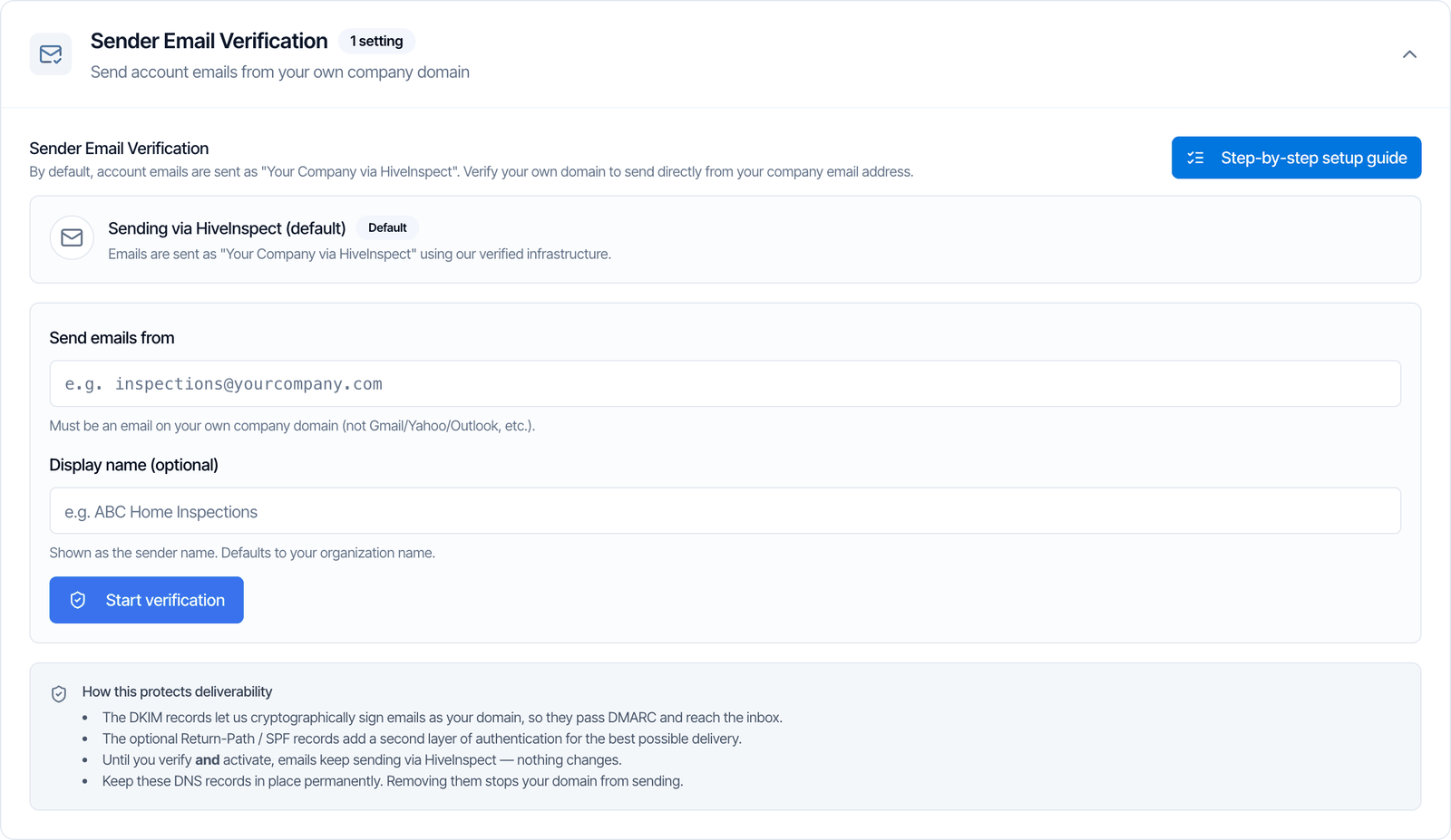 The Sender Email Verification section. By default, account emails are sent as Your Company via HiveInspect. A status box reads Sending via HiveInspect (default). Fields Send emails from (e.g. inspections@yourcompany.com, must be on your own company domain, not Gmail, Yahoo or Outlook) and Display name (optional), a Start verification button, a Step-by-step setup guide button and a How this protects deliverability box