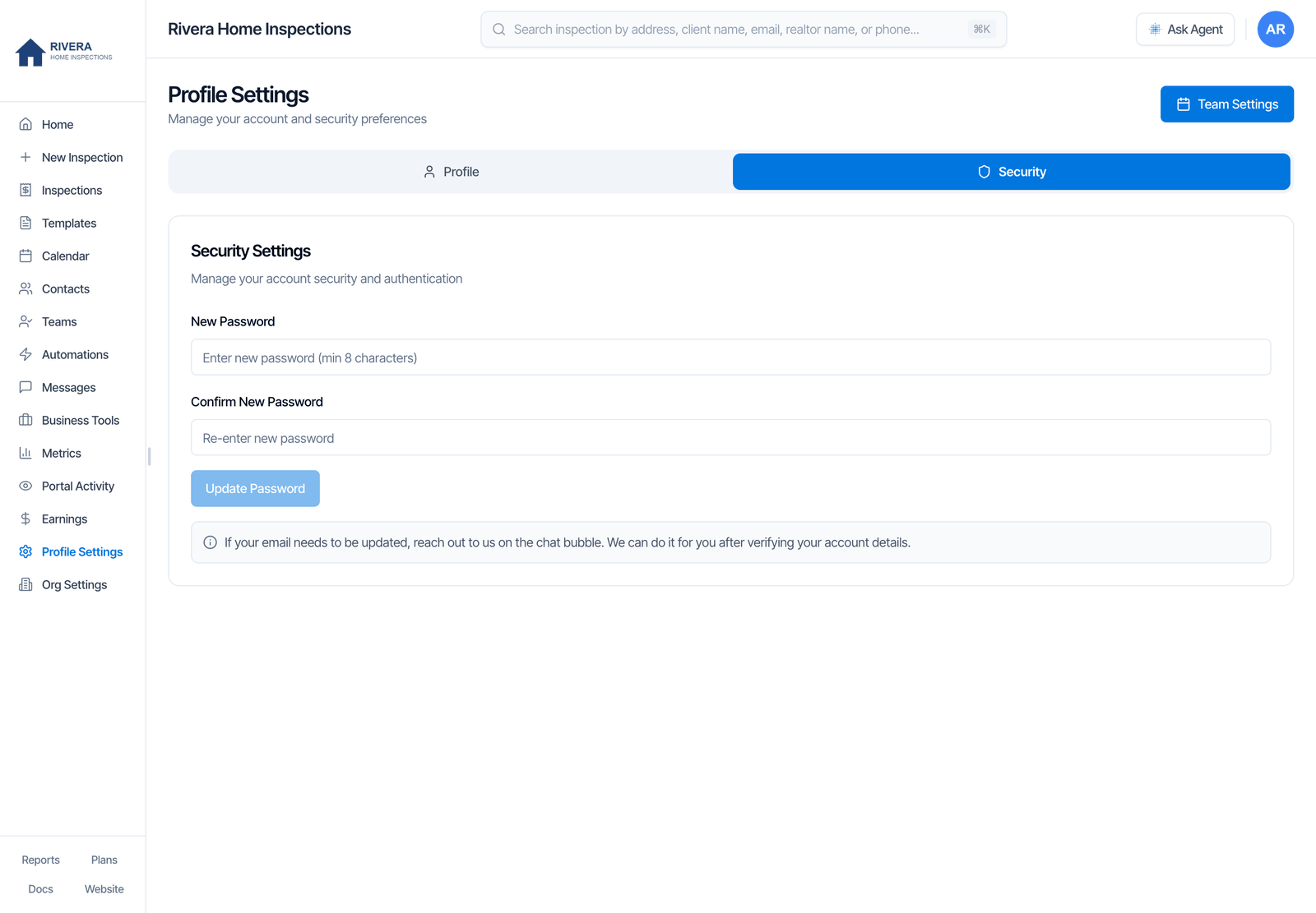 The Security tab of Profile Settings. A Security Settings card with New Password and Confirm New Password boxes, an Update Password button, and a note: If your email needs to be updated, reach out to us on the chat bubble
