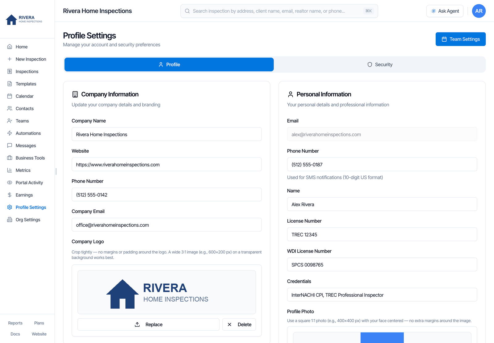 The Profile Settings page with the Profile tab open. On the left, the Company Information card: Company Name Rivera Home Inspections, Website https://www.riverahomeinspections.com, Phone Number (512) 555-0142, Company Email office@riverahomeinspections.com and a Company Logo with Replace and Delete buttons. On the right, the Personal Information card: Email (greyed out), Phone Number with the note Used for SMS notifications, Name, License Number, WDI License Number, Credentials and Profile Photo. A Team Settings button is at the top right