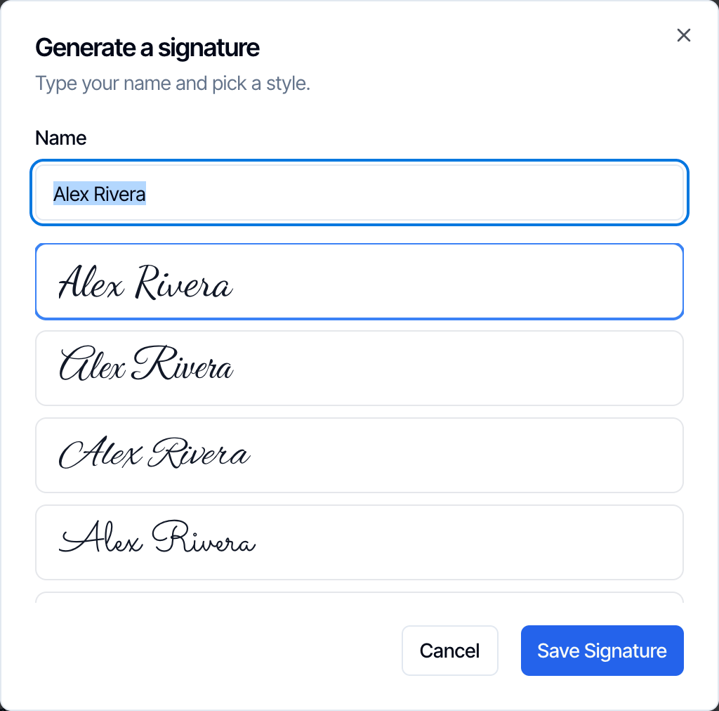 The Generate a signature window: Type your name and pick a style. The Name box reads Alex Rivera, and the same name is shown in several handwriting styles to choose from, with Cancel and Save Signature buttons