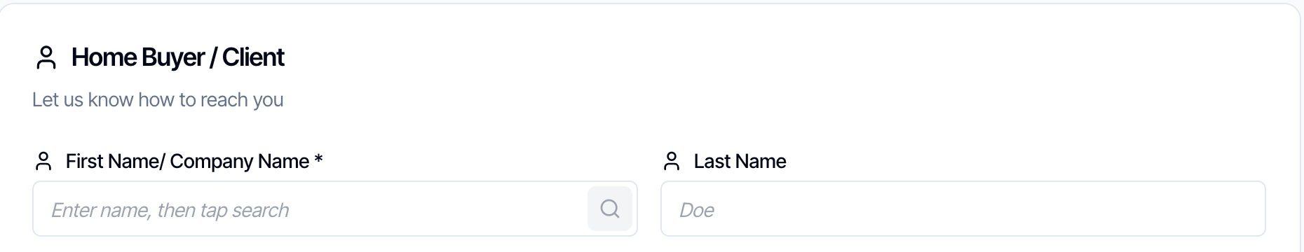 The Home Buyer / Client card with client lookup on: the First Name/ Company Name box reads Enter name, then tap search, with a search button at its right end