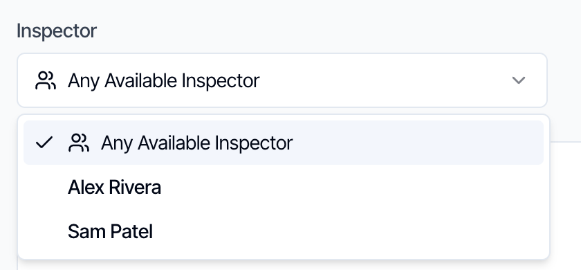 The Inspector dropdown open, with Any Available Inspector checked, Alex Rivera and Sam Patel
