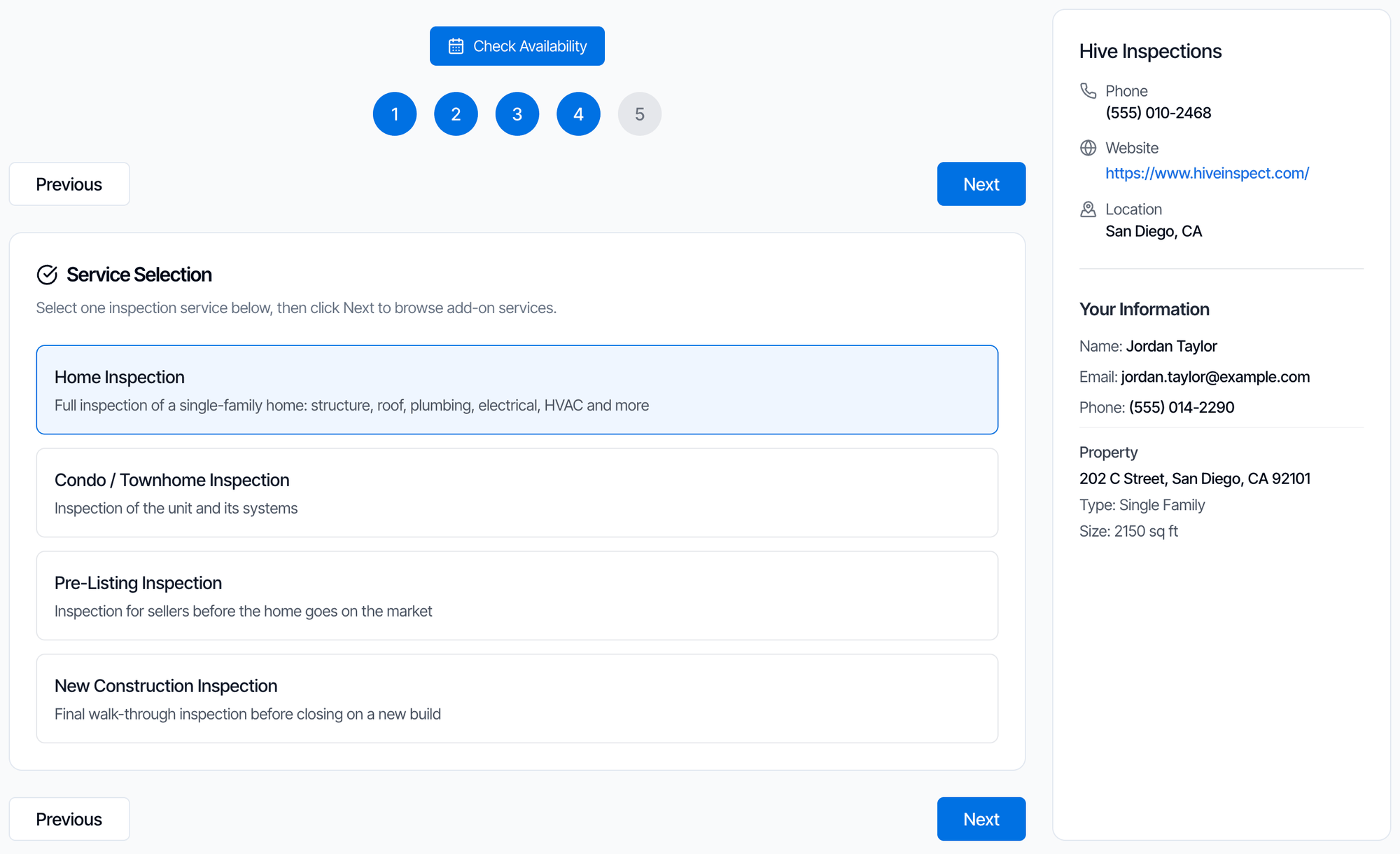 The Service Selection step with pricing turned off: the four service cards show only names and descriptions, with no prices, and the summary on the right has no pricing section