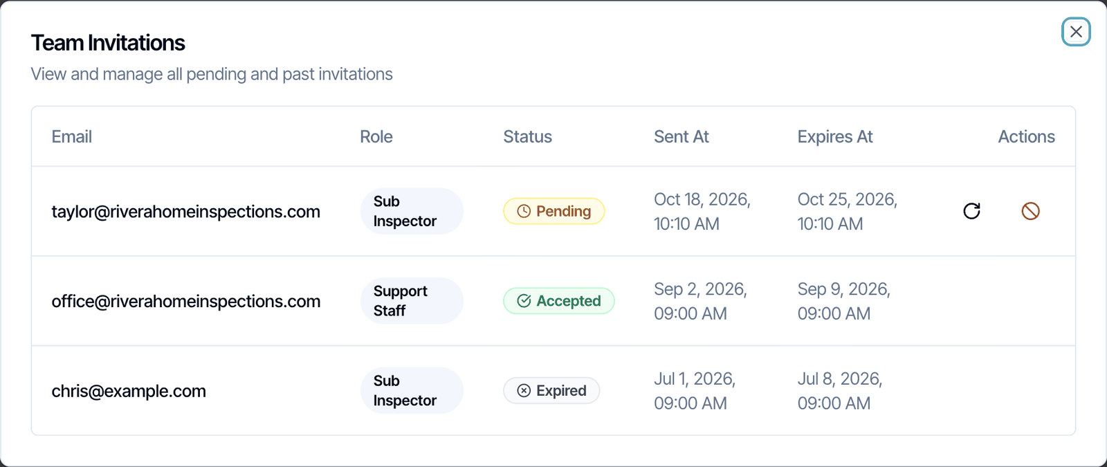 The Team Invitations window: View and manage all pending and past invitations. A table with Email, Role, Status, Sent At, Expires At and Actions. taylor@riverahomeinspections.com, Sub Inspector, Pending, with resend and revoke buttons; office@riverahomeinspections.com, Support Staff, Accepted; chris@example.com, Sub Inspector, Expired