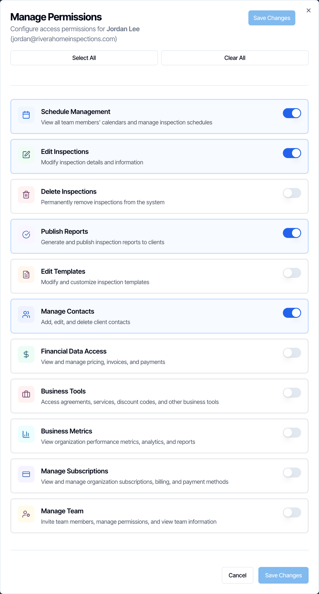 The Manage Permissions window for Jordan Lee with Select All, Clear All and Save Changes buttons, and one switch for each permission: Schedule Management, Edit Inspections, Delete Inspections, Publish Reports, Edit Templates, Manage Contacts, Financial Data Access, Business Tools, Business Metrics, Manage Subscriptions and Manage Team