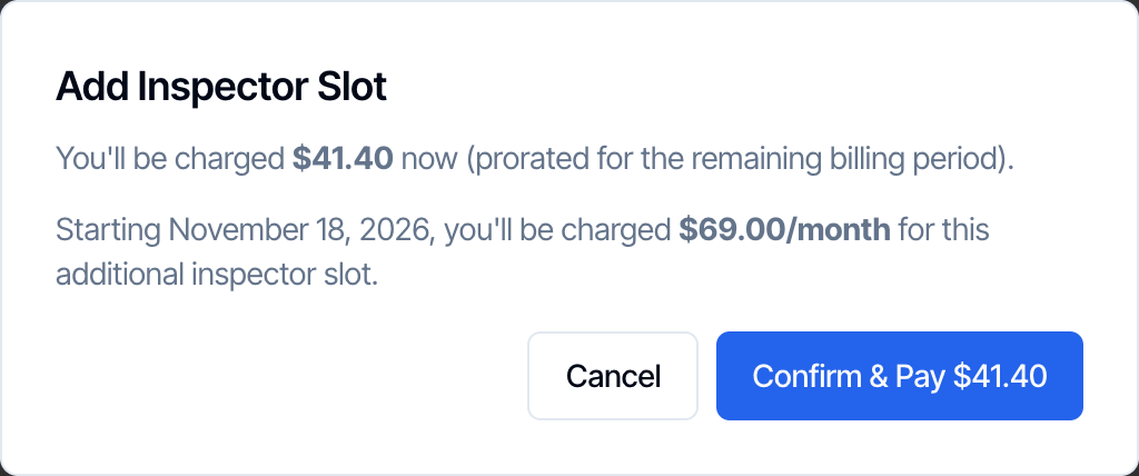 The Add Inspector Slot window: You'll be charged $41.40 now (prorated for the remaining billing period). Starting November 18, 2026, you'll be charged $69.00/month for this additional inspector slot. Buttons: Cancel and Confirm & Pay $41.40