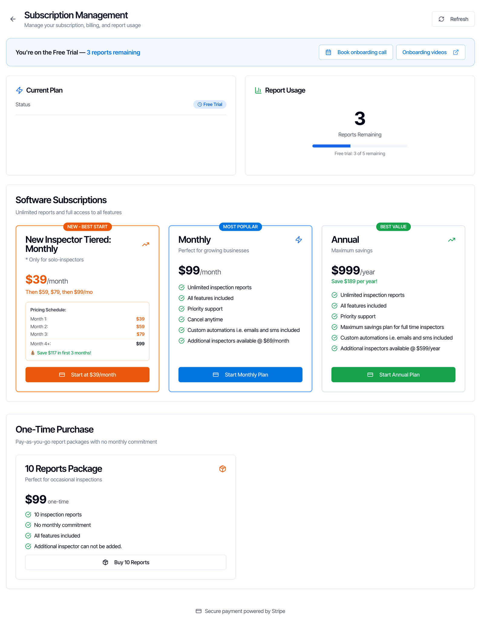 The Subscription Management page on the free trial: a banner reading You're on the Free Trial, 3 reports remaining, Current Plan Status Free Trial, Report Usage 3 Reports Remaining with Free trial: 3 of 5 remaining, then Software Subscriptions with three cards, New Inspector Tiered: Monthly $39/month then $59, $79, then $99/mo, Monthly $99/month, and Annual $999/year Save $189 per year, and below them One-Time Purchase with the 10 Reports Package at $99 one-time, and the line Secure payment powered by Stripe