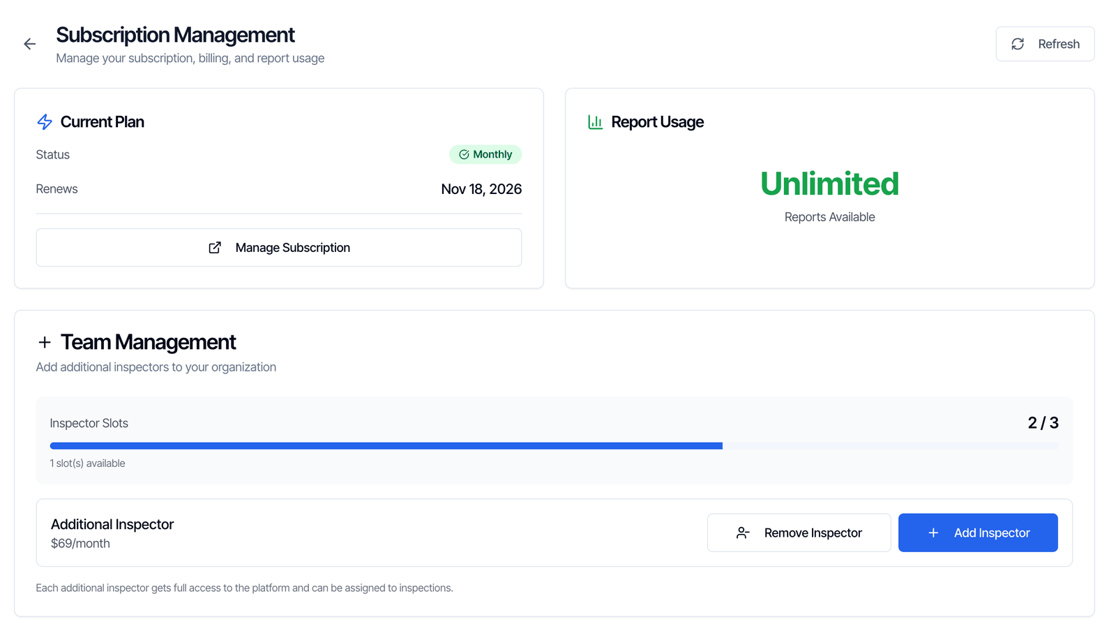 The Subscription Management page on a Monthly plan: the Current Plan card with Status Monthly, Renews Nov 18, 2026 and a Manage Subscription button, the Report Usage card showing Unlimited Reports Available, and the Team Management card with Inspector Slots 2 / 3, 1 slot(s) available, Additional Inspector $69/month, and Remove Inspector and Add Inspector buttons