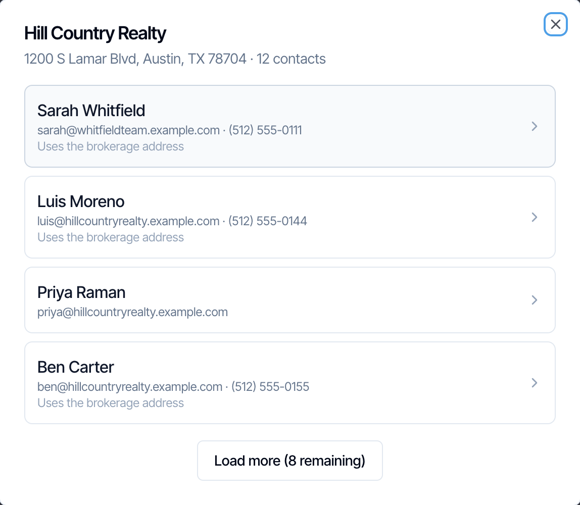 The Hill Country Realty window showing 1200 S Lamar Blvd, Austin, TX 78704 · 12 contacts, with four agents listed by name, email and phone, three marked Uses the brokerage address, and a Load more (8 remaining) button