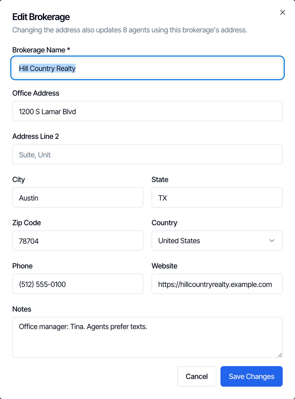 The Edit Brokerage window for Hill Country Realty: the note Changing the address also updates 8 agents using this brokerage's address, then Brokerage Name, Office Address, Address Line 2, City, State, Zip Code, Country, Phone, Website and Notes, with Cancel and Save Changes buttons