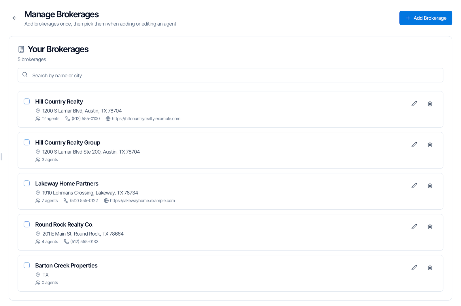 The Manage Brokerages page with an Add Brokerage button, a Your Brokerages list of 5 brokerages, a Search by name or city box, and rows showing a checkbox, brokerage name, office address, number of agents, phone and website, with edit and delete icons