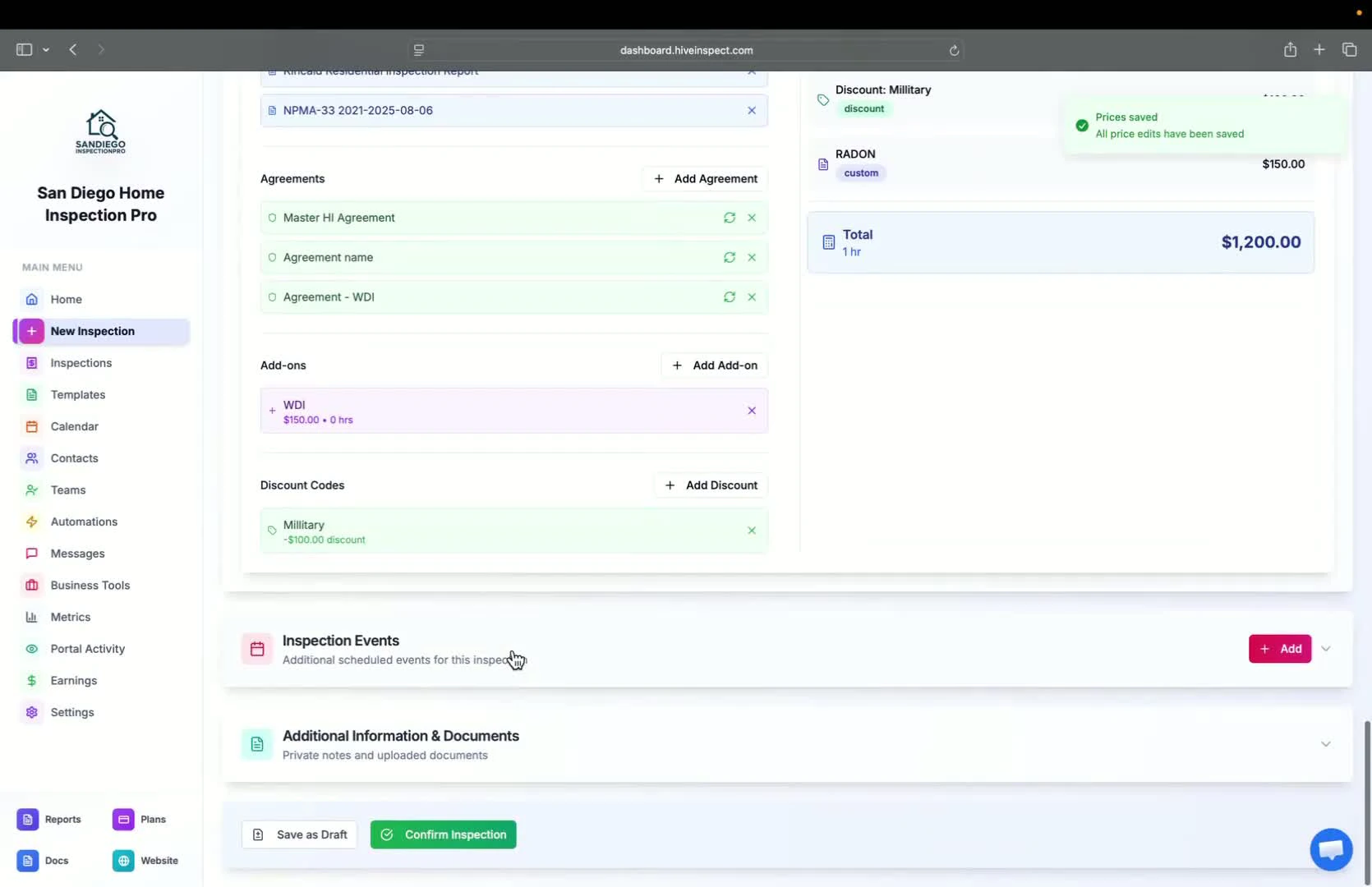 Adding inspection events