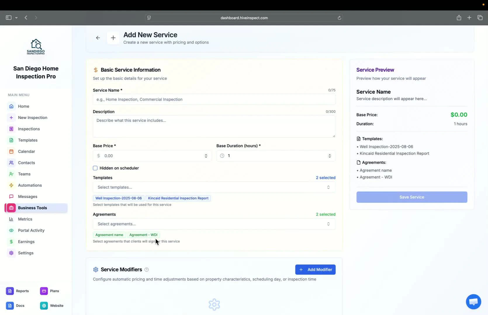 Adding service modifiers and add-ons