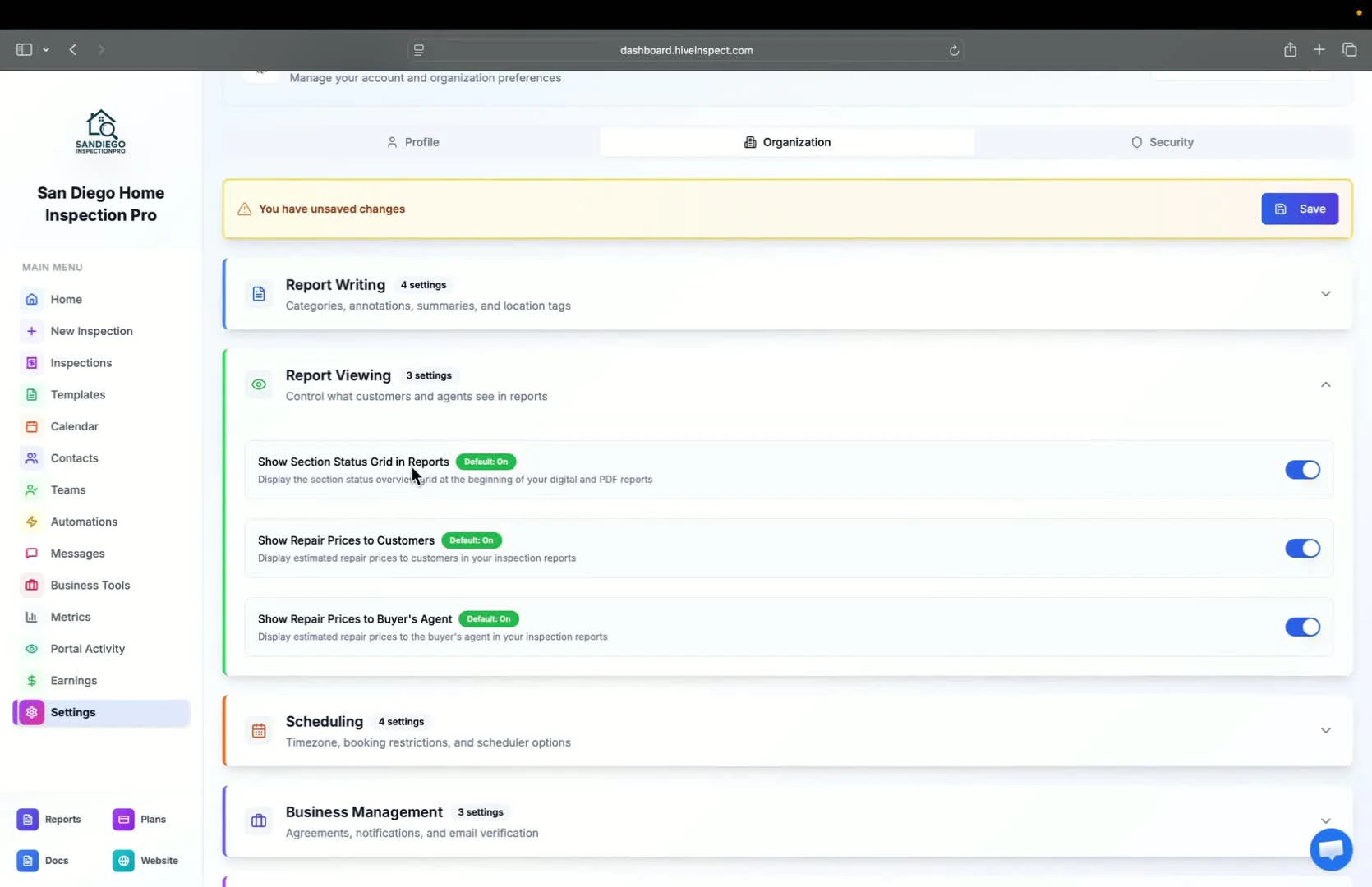 Setting viewing report options