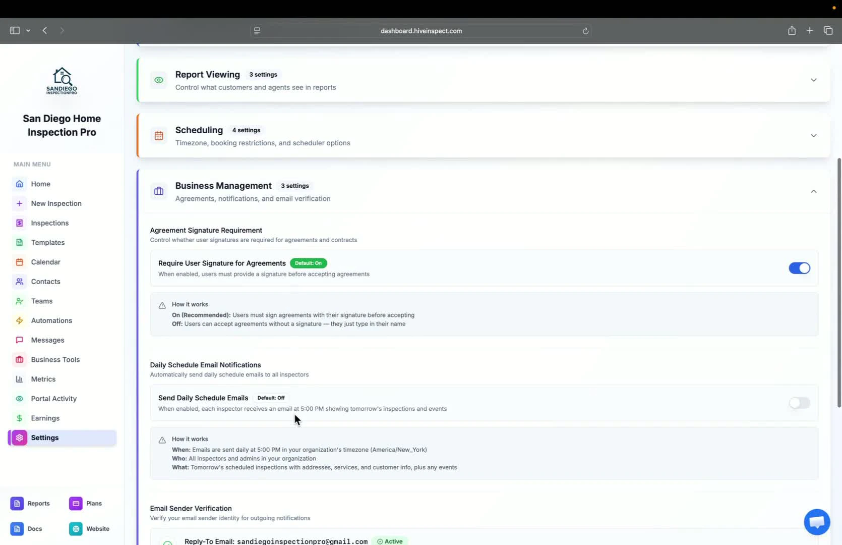 Managing business settings