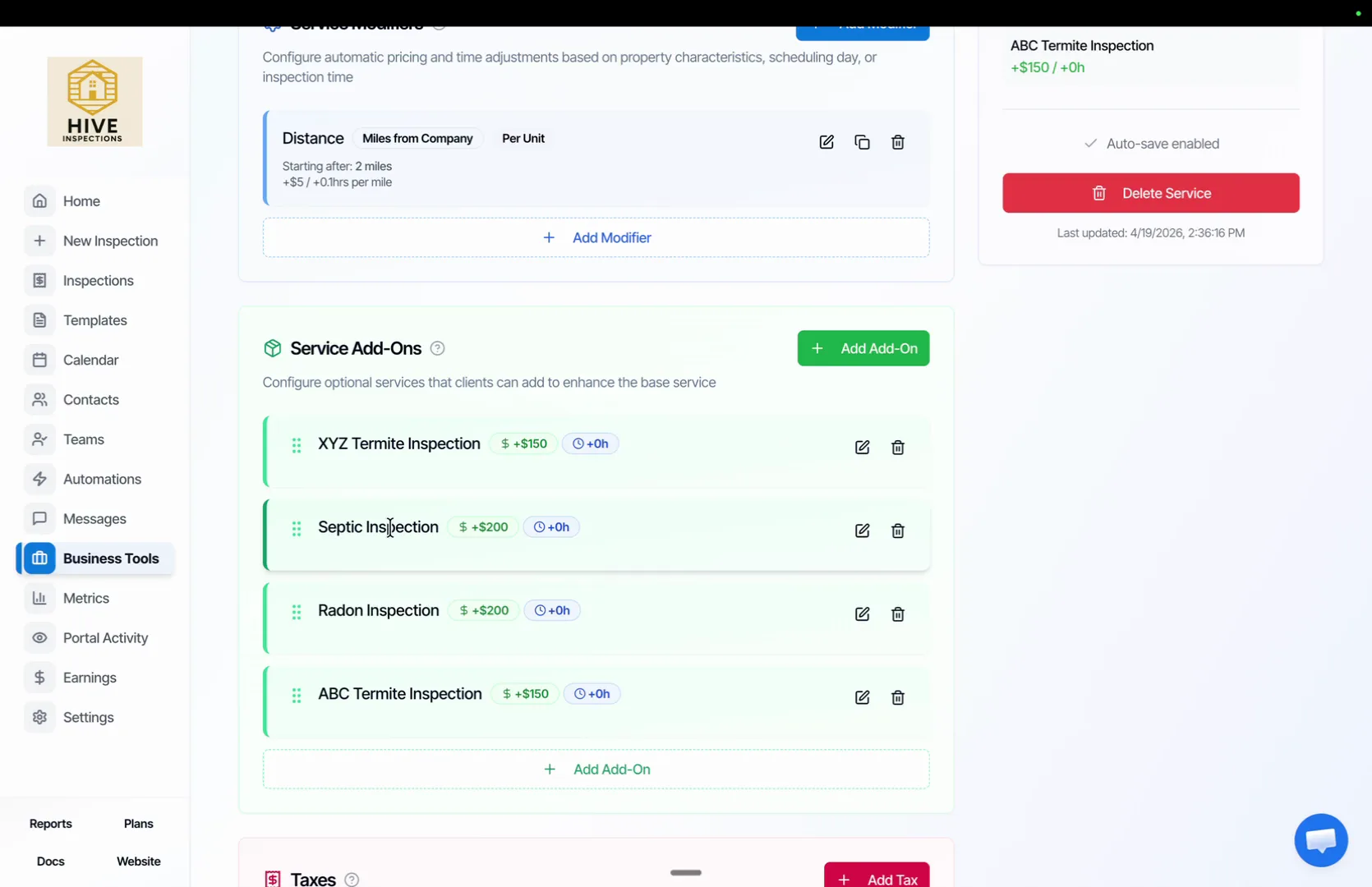 Service Add-Ons list showing Termite Inspection, Septic Inspection and Radon Inspection