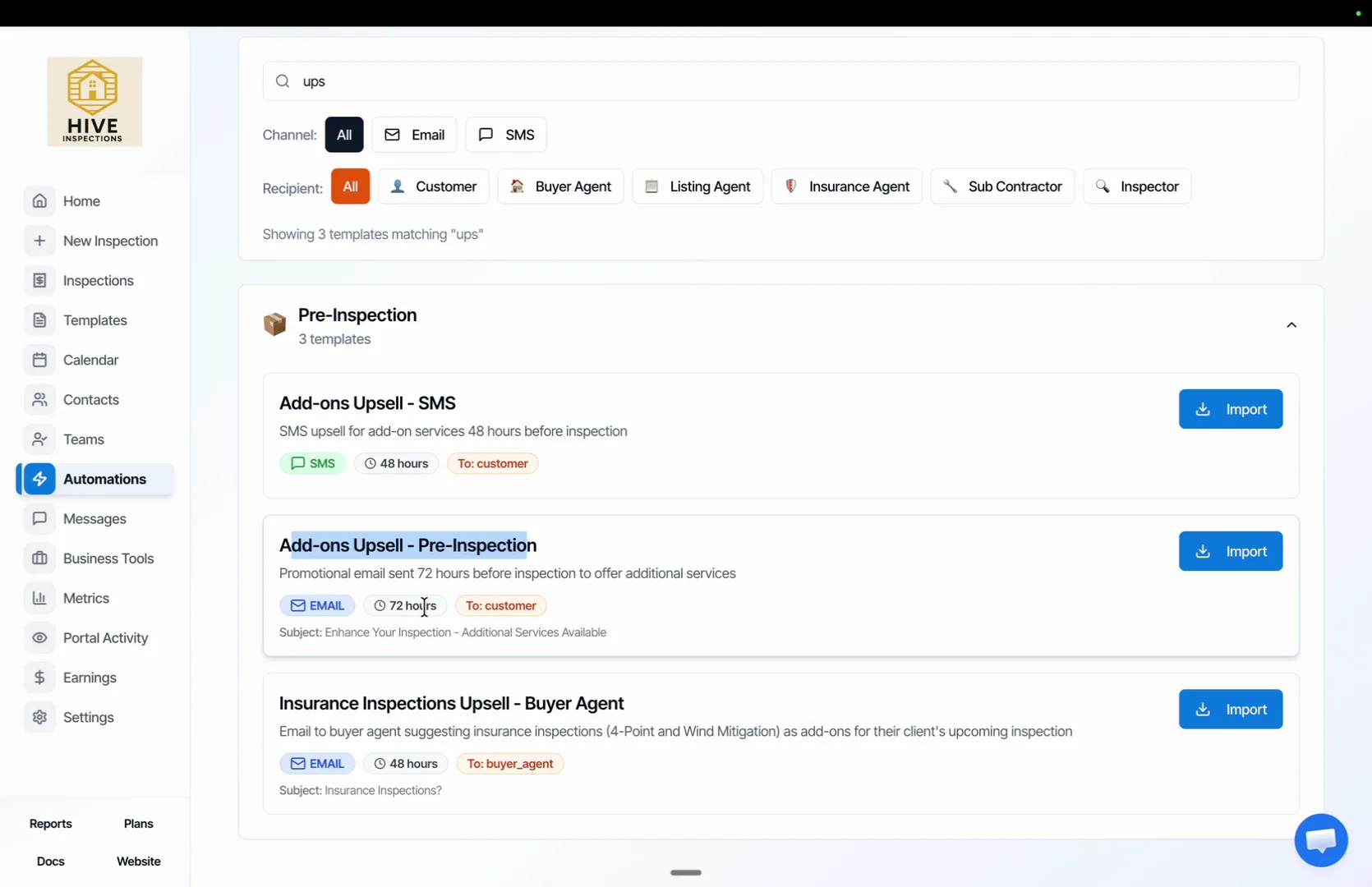 Browse templates showing Add-ons Upsell – Pre-Inspection with an Import button