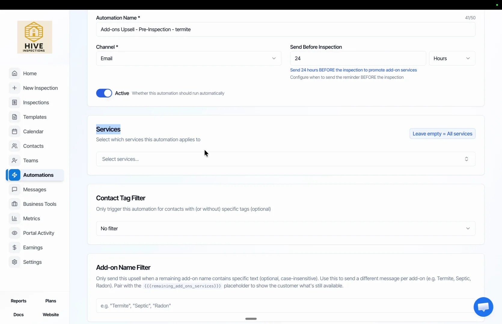 Edit Automation with the name ending in termite and Send Before Inspection set to 24 hours