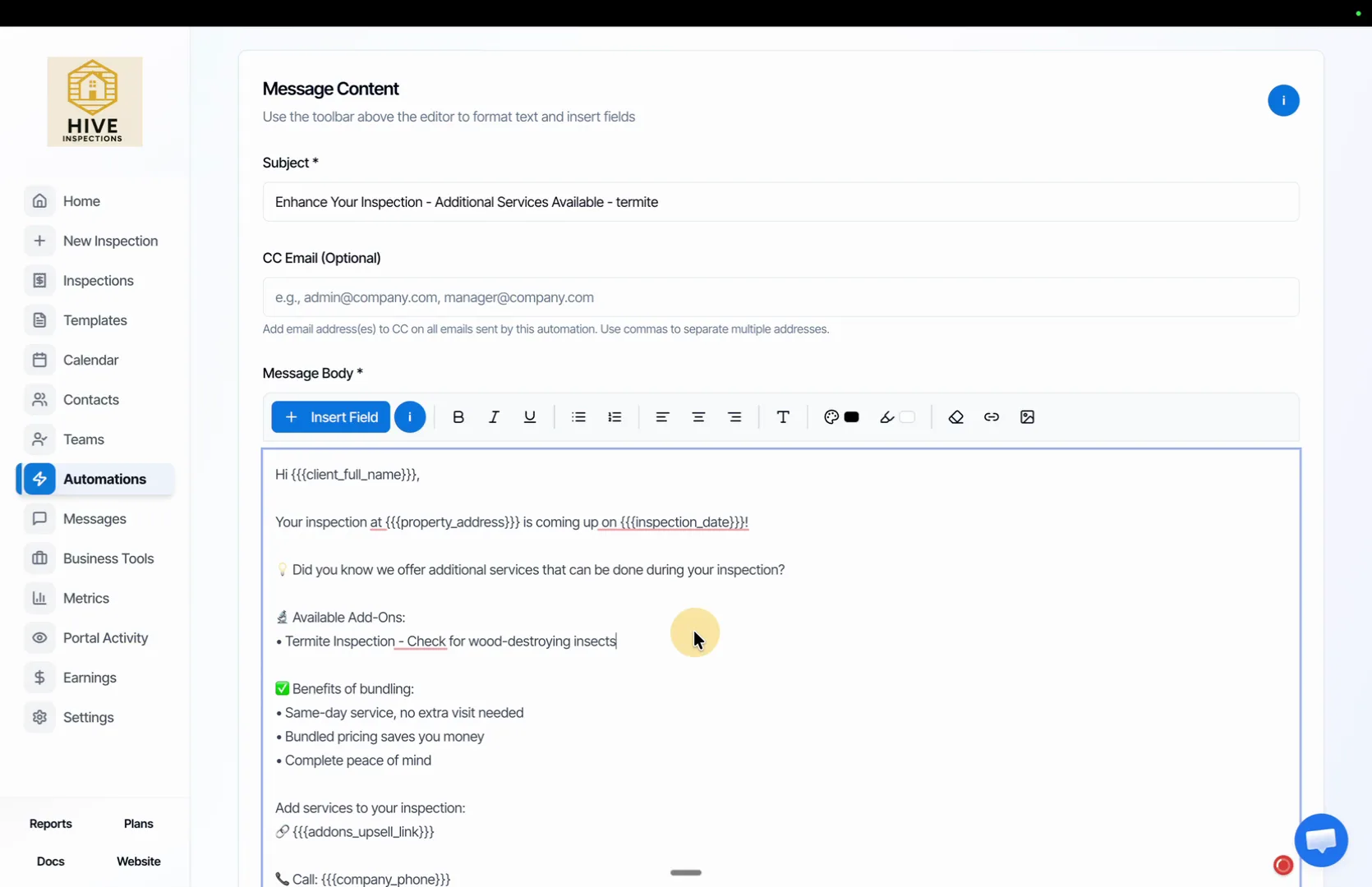 Message Content with a termite subject line and a body that ends with the add-ons upsell link