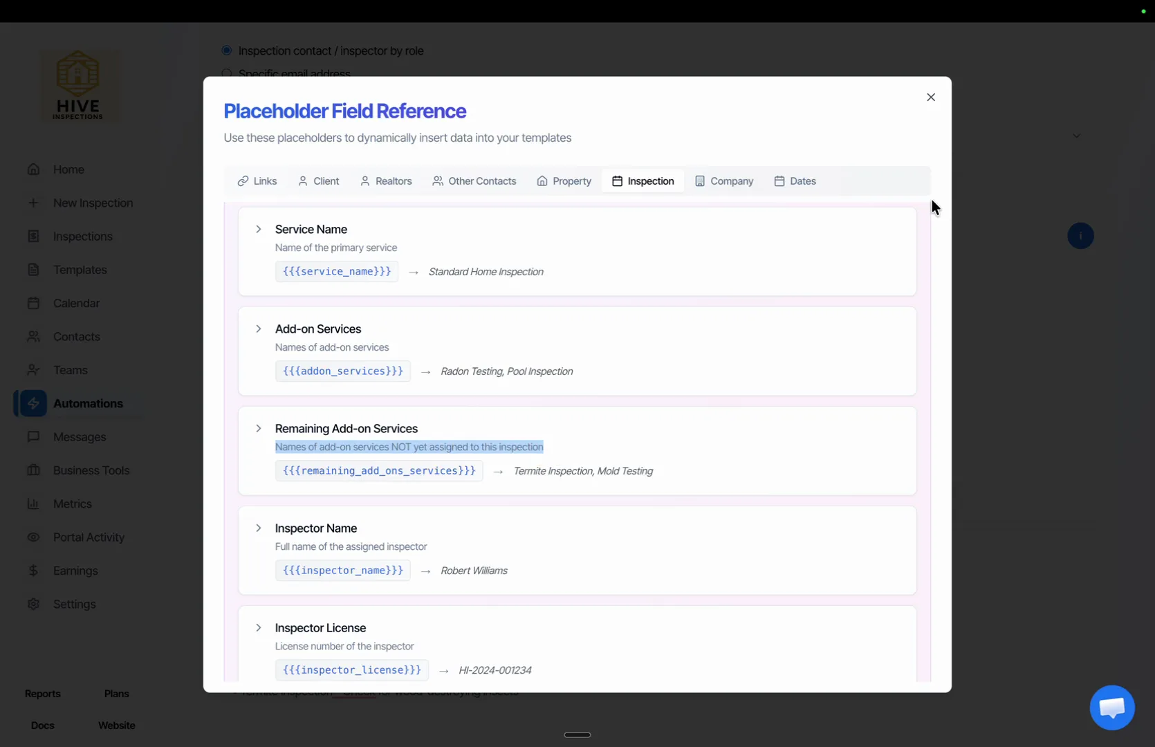 Placeholder Field Reference with Remaining Add-on Services highlighted