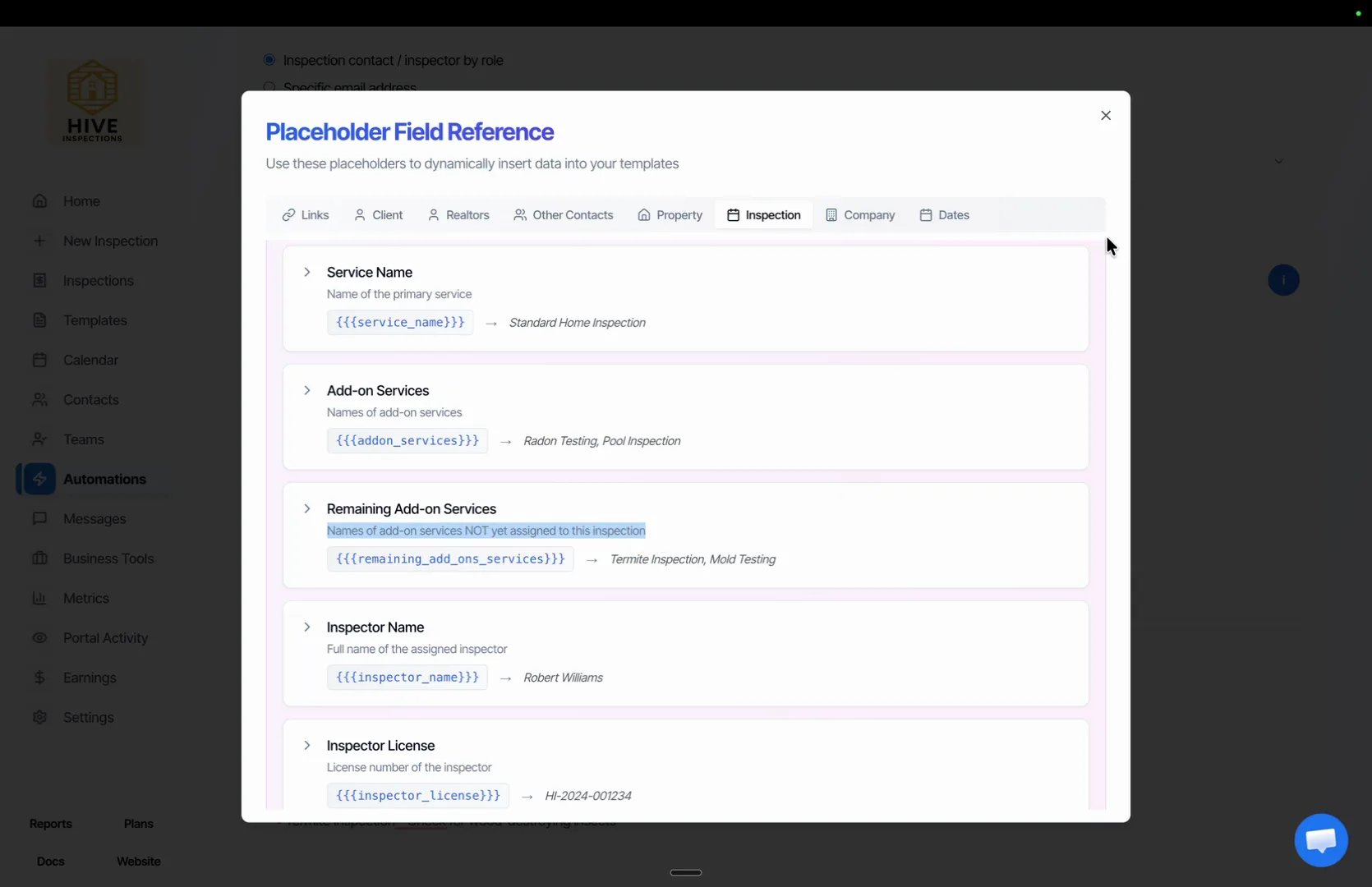 Placeholder Field Reference with Remaining Add-on Services highlighted