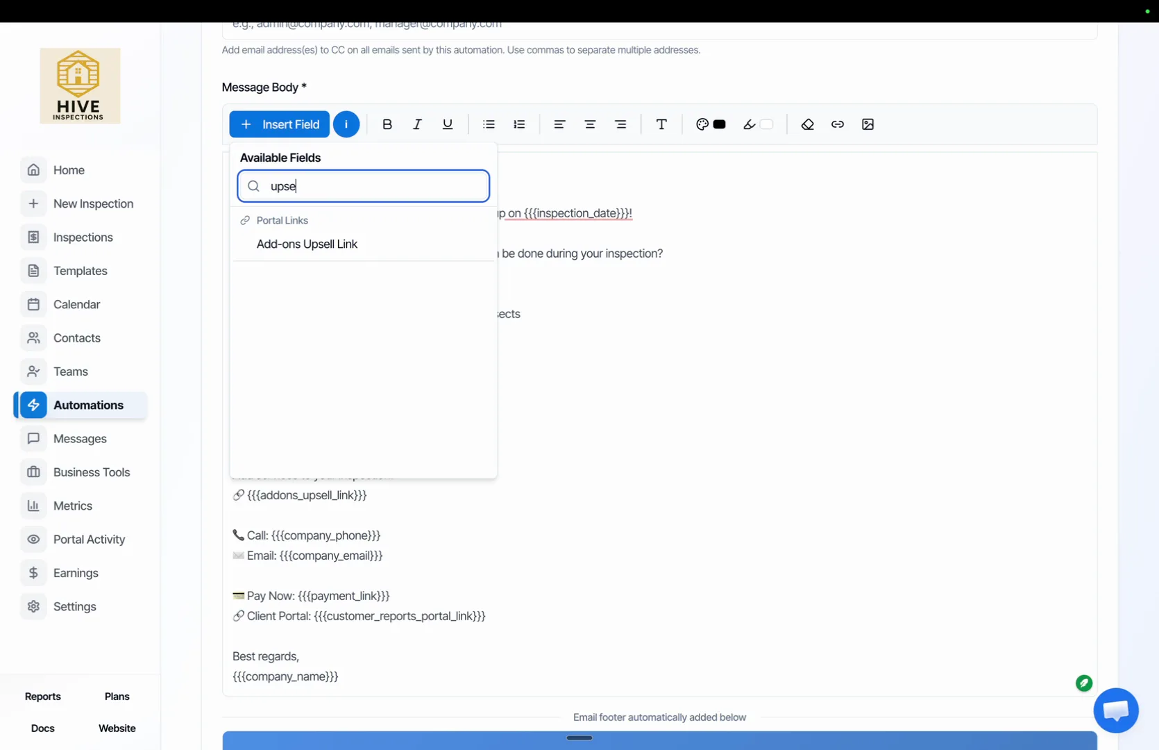 Insert Field search for upsell showing the Add-ons Upsell Link placeholder