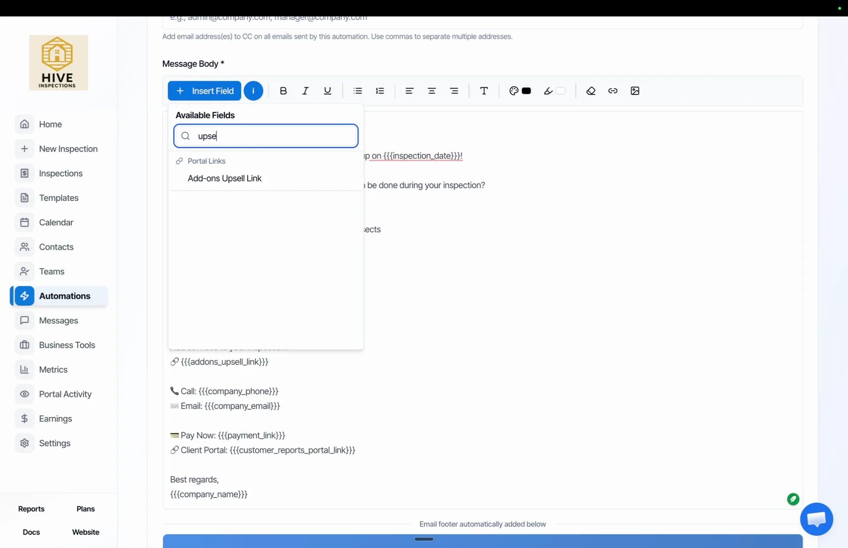 Insert Field search for upsell showing the Add-ons Upsell Link placeholder