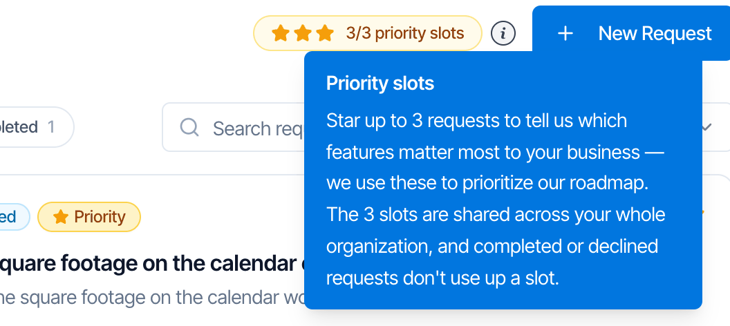 The 3/3 priority slots pill and its information popup: Star up to 3 requests to tell us which features matter most to your business, we use these to prioritize our roadmap. The 3 slots are shared across your whole organization, and completed or declined requests don't use up a slot
