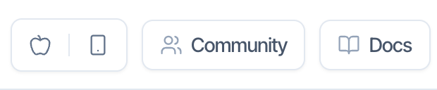 Buttons at the top of the dashboard home page: Apple App Store and Google Play icons, Community and Docs
