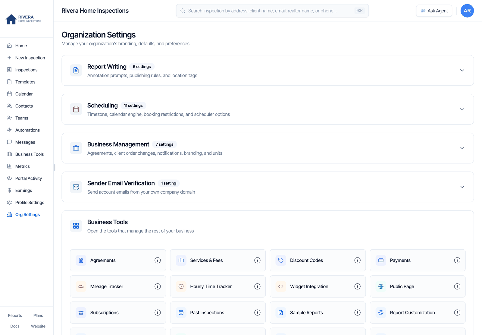 The Organization Settings page: Manage your organization's branding, defaults, and preferences. Four closed sections: Report Writing, 6 settings, Annotation prompts, publishing rules, and location tags; Scheduling, 11 settings, Timezone, calendar engine, booking restrictions, and scheduler options; Business Management, 7 settings, Agreements, client order changes, notifications, branding, and units; Sender Email Verification, 1 setting. Below them a Business Tools card with shortcuts such as Agreements, Services & Fees, Discount Codes and Payments