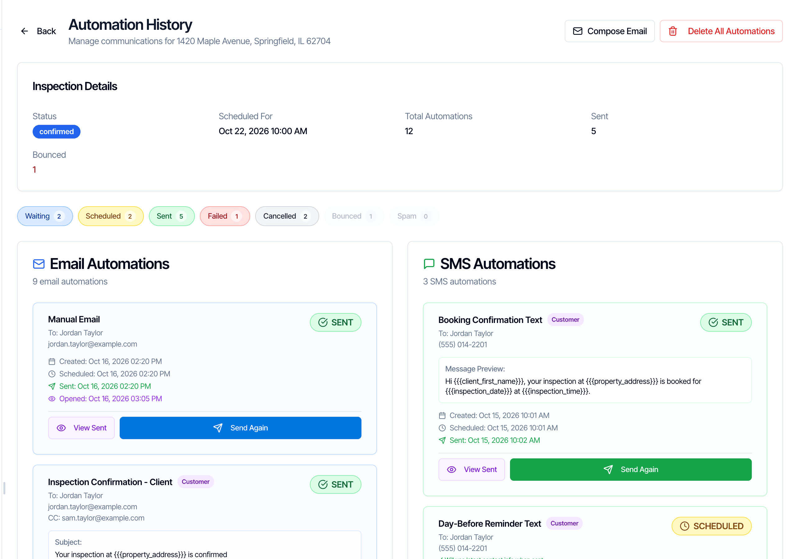 The Automation History page for 1420 Maple Avenue, Springfield, IL 62704. At the top right are Compose Email and Delete All Automations buttons. An Inspection Details card shows Status confirmed, Scheduled For Oct 22, 2026 10:00 AM, Total Automations 12, Sent 5 and Bounced 1. Below it are status filters (Waiting 2, Scheduled 2, Sent 5, Failed 1, Cancelled 2, Bounced 1, Spam 0) and two columns, Email Automations and SMS Automations