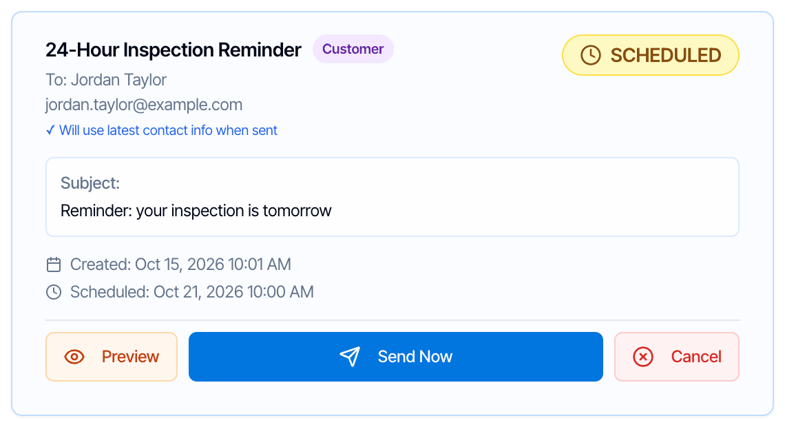 A scheduled email card titled 24-Hour Inspection Reminder to Jordan Taylor with a yellow SCHEDULED badge, the note Will use latest contact info when sent, Subject Reminder: your inspection is tomorrow, Scheduled Oct 21, 2026 10:00 AM, and Preview, Send Now and Cancel buttons