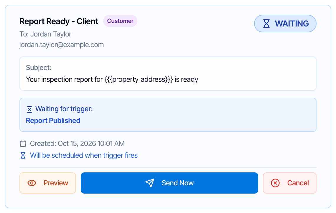 A waiting email card titled Report Ready - Client with a blue WAITING badge and a box reading Waiting for trigger: Report Published, then Will be scheduled when trigger fires, and Preview, Send Now and Cancel buttons