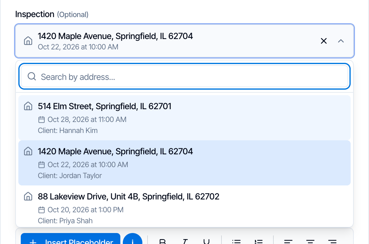 The Inspection picker open with a Search by address box and three inspections, each with its address, date and time, and client: 514 Elm Street (Hannah Kim), 1420 Maple Avenue (Jordan Taylor, selected) and 88 Lakeview Drive, Unit 4B (Priya Shah)