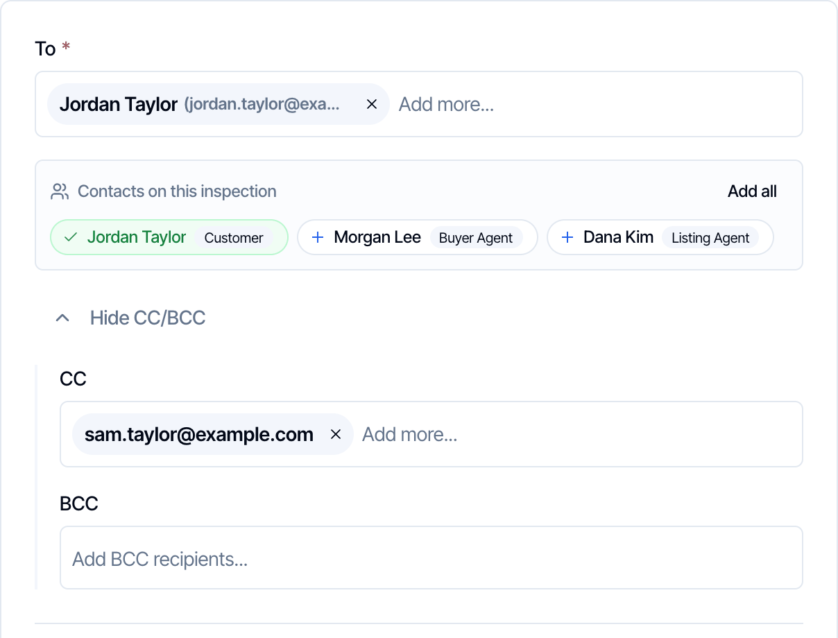 To: Jordan Taylor (jordan.taylor@example.com). In Contacts on this inspection, Jordan Taylor has a green tick. Hide CC/BCC is open with CC: sam.taylor@example.com and an empty BCC field
