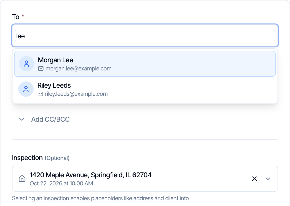 The To field with lee typed and two matching contacts below: Morgan Lee, morgan.lee@example.com, and Riley Leeds, riley.leeds@example.com